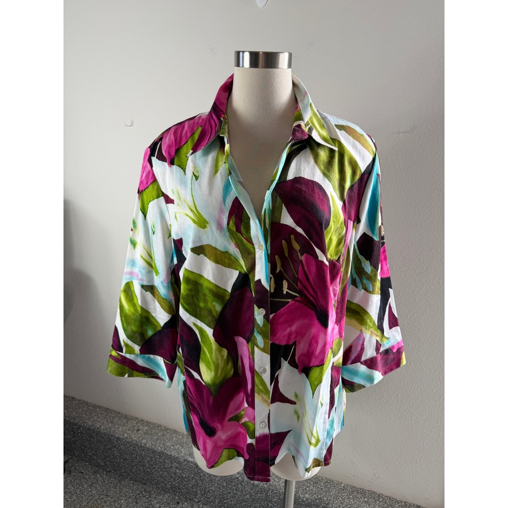 Additions by Chicos Womens XL Pink Floral Button Up Shirt Long Sleeve Top Blouse